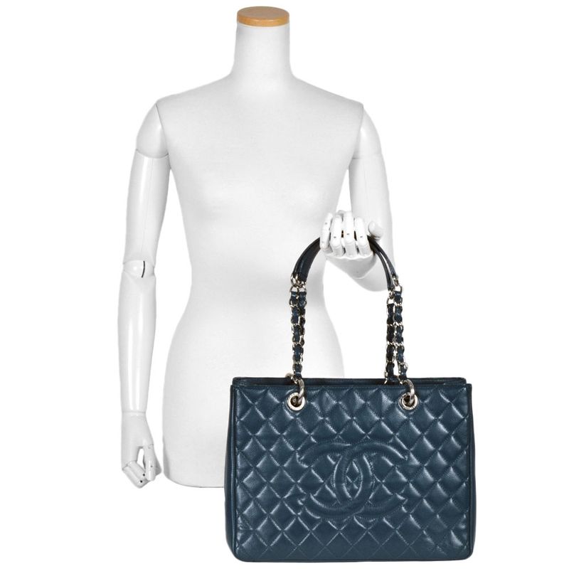 Chanel GST Chain Tote Bag Caviar Skin Blue Silver Hardware 17th Unit Coco Mark