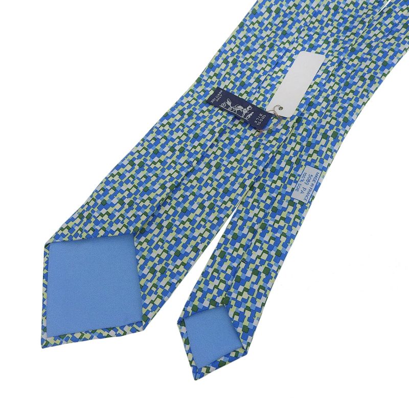 Hermes 5089 PA 100% Silk All-over Logo Print Tie Blue Green Multi Made In