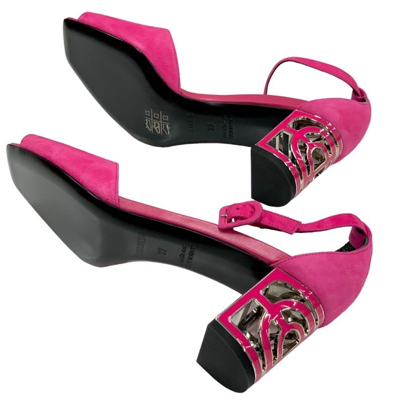 Hermes Sandals Shoes Suede Pink Silver Unused Metal Heel Ankle Strap