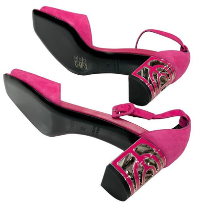 Hermes Sandals Shoes Suede Pink Silver Unused Metal Heel Ankle Strap