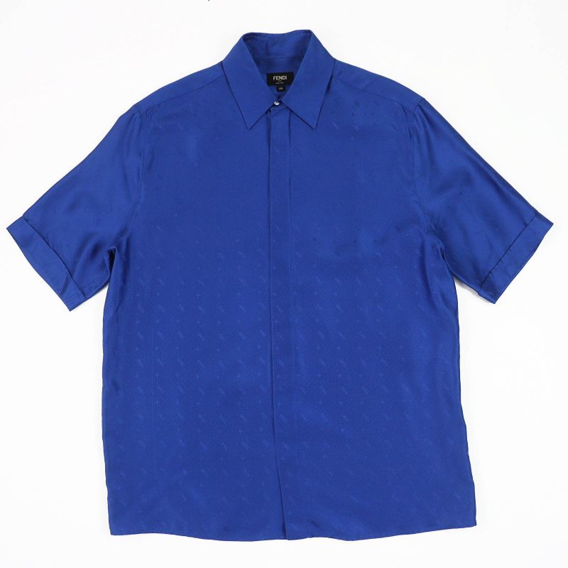 Fendi 2021 Fs0795 100% Silk FF Logo Total Logo Button Short Sleeve Shirt Blue