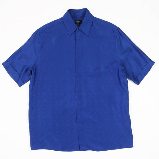 Fendi 2021 Fs0795 100% Silk FF Logo Total Logo Button Short Sleeve Shirt Blue
