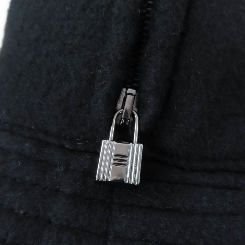 Hermes 100% Cashmere Silver Hardware Cadenas Zip Bucket Hat Black 56 Made In