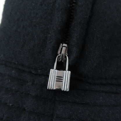 Hermes 100% Cashmere Silver Hardware Cadenas Zip Bucket Hat Black 56 Made In