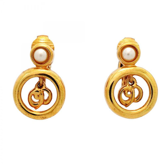 Christian Dior Earring CD Logo Round Shape Circle GP Plated Faux Pearl Gold