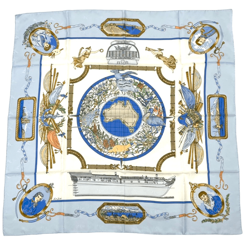 Hermes Carre 90 LE Geographe Geographer Blue And Multicolor 100% Silk