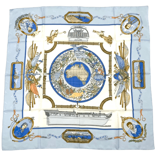 Hermes Carre 90 LE Geographe Geographer Blue And Multicolor 100% Silk