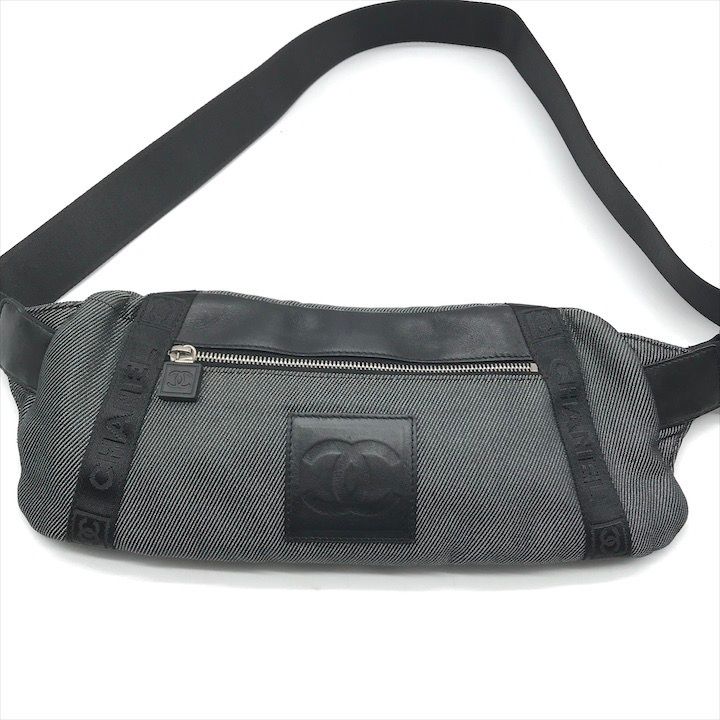 Chanel CC Logo Sports Waist Body Shoulder Bag Black Lame