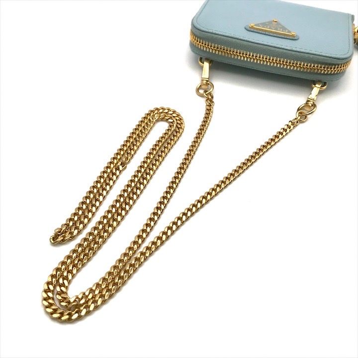 Prada Saffiano Leather Chain Shoulder Card Case Wallet Blue