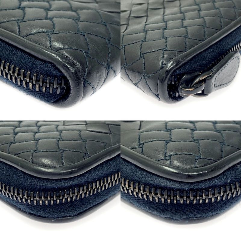 Bottega Veneta Leather Intreccio Imperatore Round Zipper Long Wallet Black