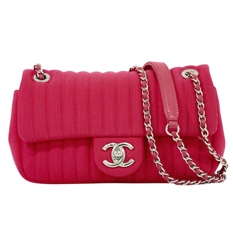 Authentic Chanel Mademoiselle Coco Mark Chain Shoulder Bag Pochette Canvas Pink