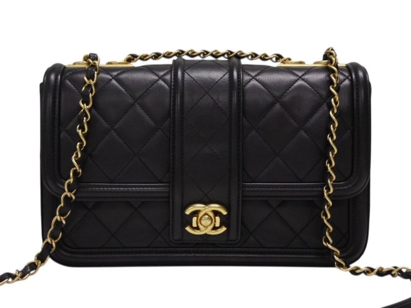 Chanel S Flap Chain Shoulder Bag CC Logo Lambskin Black Gold — view 2