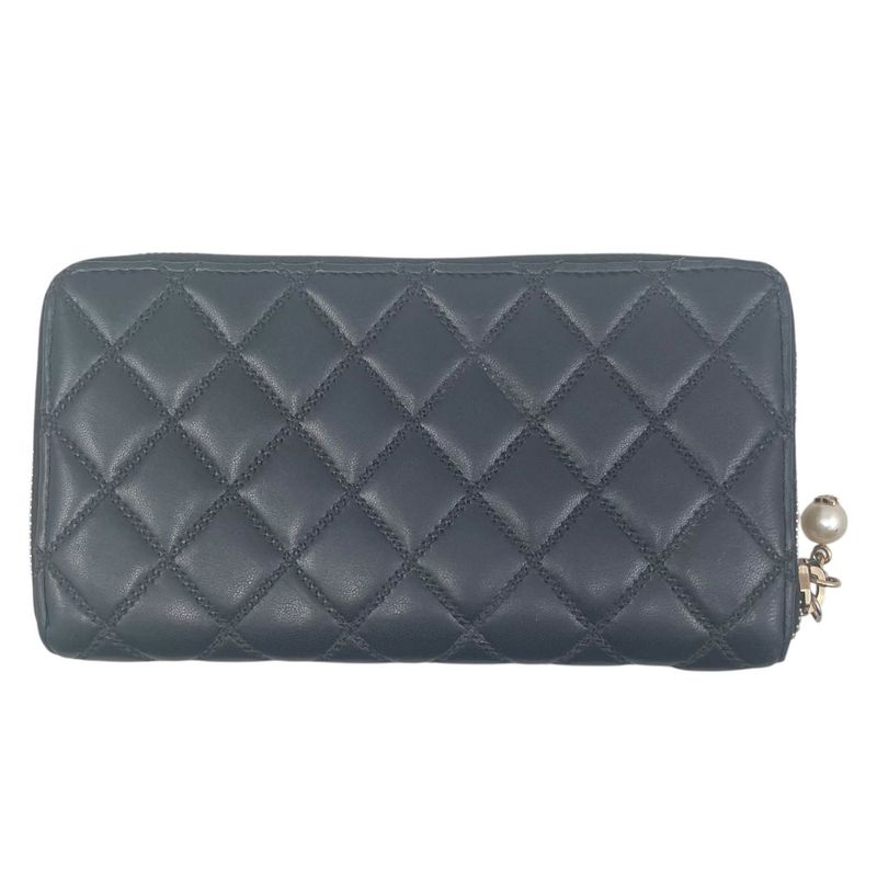 Em0840 Chanel Women's Long Wallet Pearl Zippy Wallet Black Beige