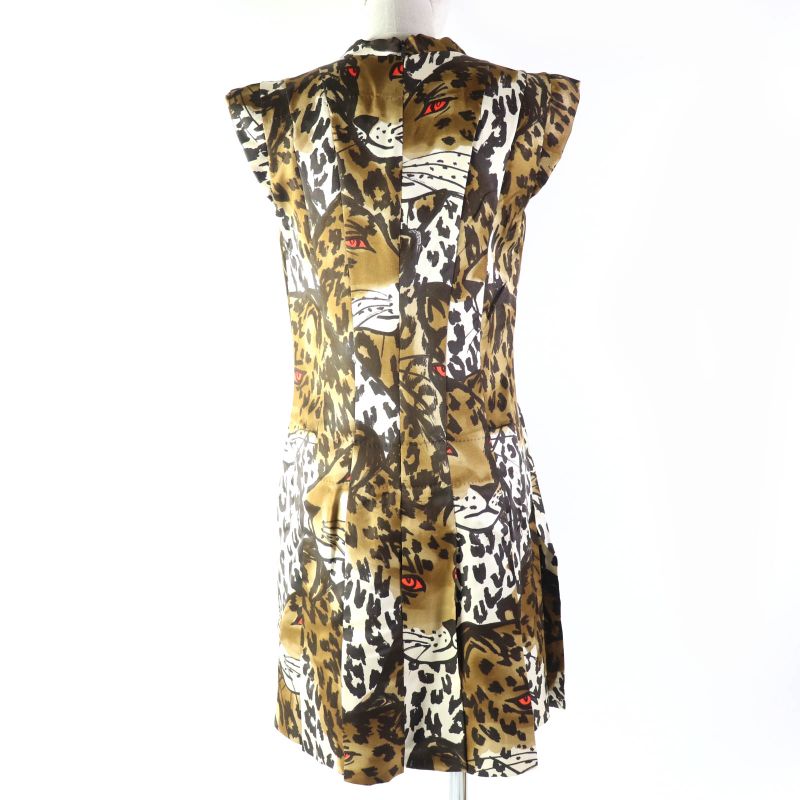 Louis Vuitton 100% Silk Leopard Print V-neck French Sleeves Pleats Dress Brown