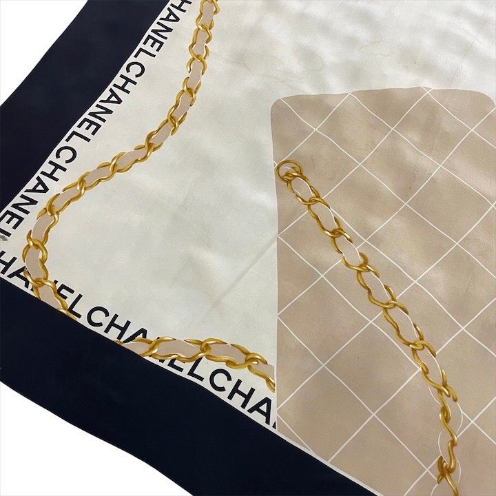 Chanel CC Logo Quilted Scarf Silk Black Beige Large