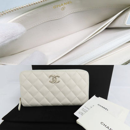 Chanel Long Zip Wallet Ap3337 Matelasse Caviar Skin White Gdhardware