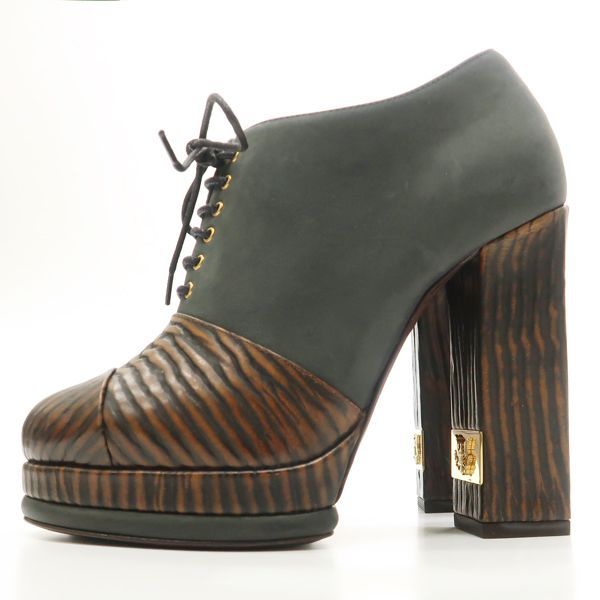 Chanel Booties Chunky Heel 14A G30128 C7257 Lace-up #36 Leather Wood-like