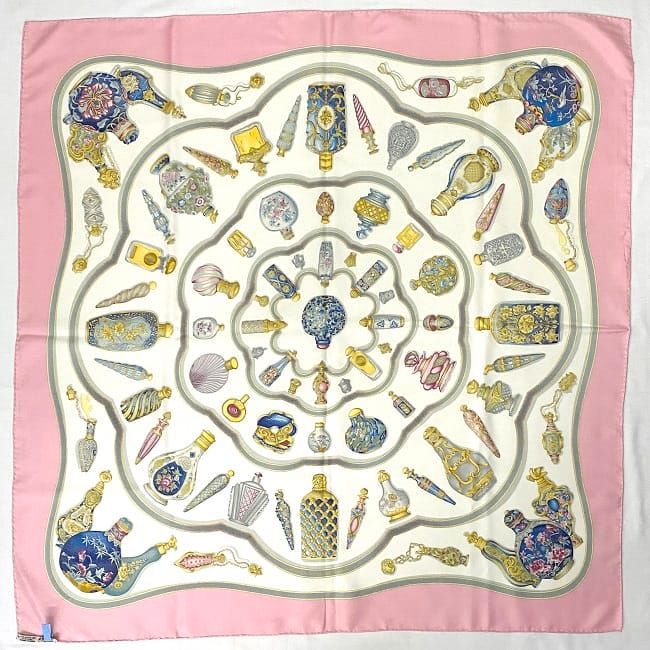 Hermes Scarf Carr 90 Pink White Perfume Bottle Cleaned