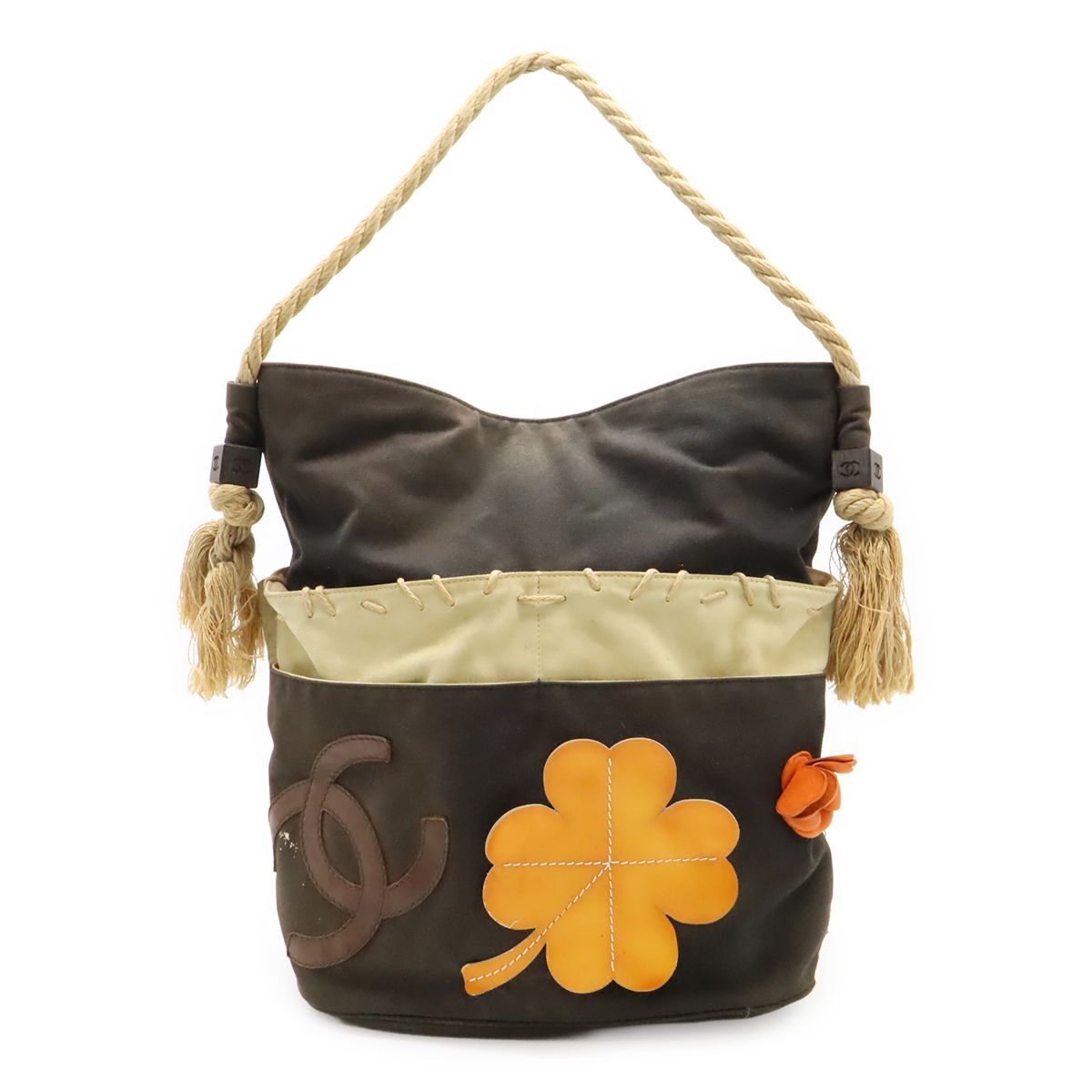 Chanel Fishnet Rope Coco Mark Camellia Tote Handbag Canvas Leather Wood Black