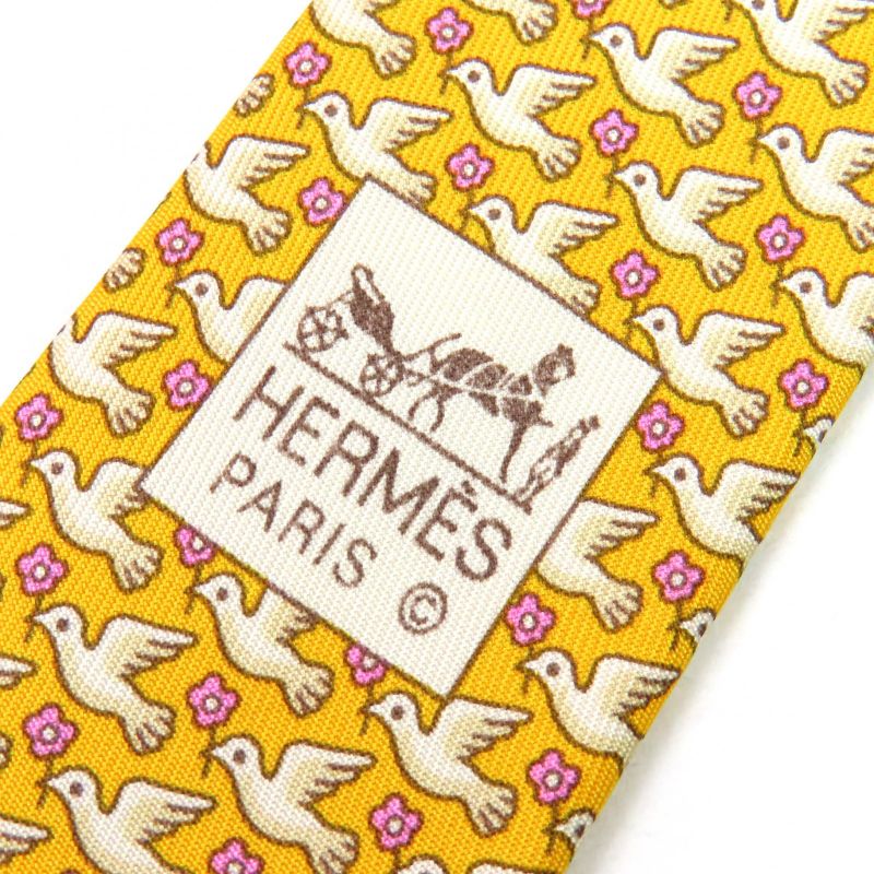 Hermes 100% Silk Regimental Pigeon Dove Cravat Tie Yellow Tone Made In France