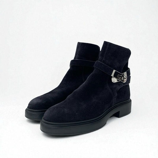 Hermes Veo Boots Short Boots Shoes Suede Mouton Black Silver Kelly Hardware