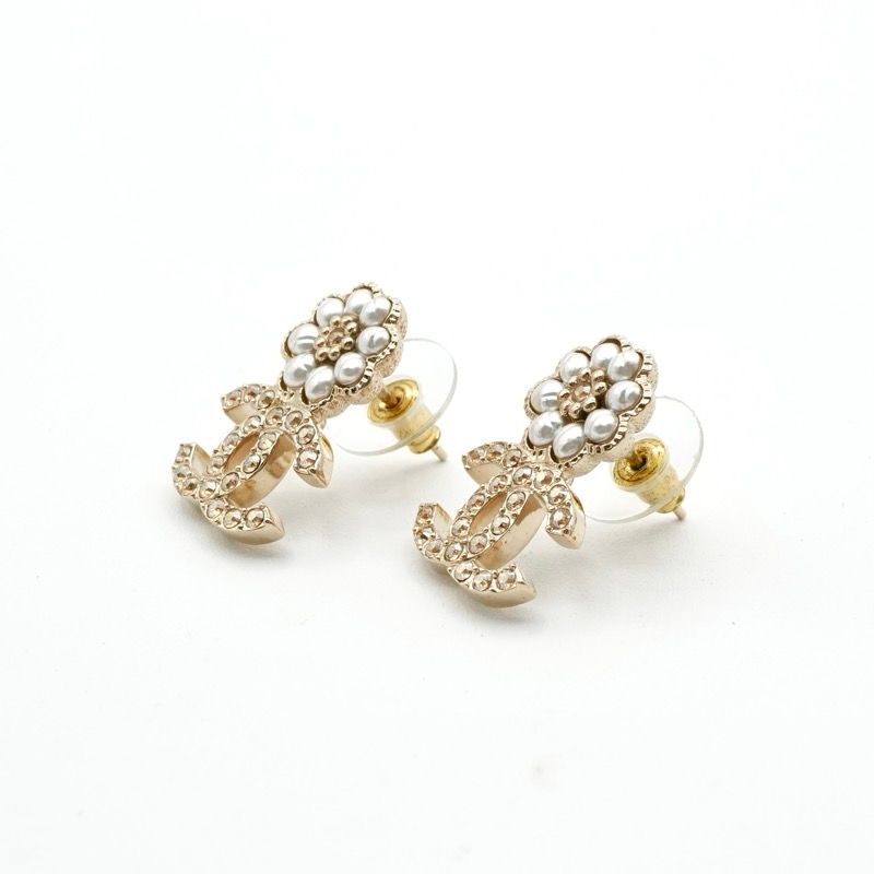 Chanel Earrings Earring Gold White Coco Mark Flower Rhinestone