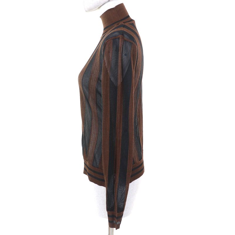 Fendi Fzy923 55% Silk Pecan High Neck Sheer Mesh Design Long Sleeve Top Brown