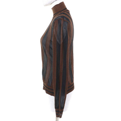 Fendi Fzy923 55% Silk Pecan High Neck Sheer Mesh Design Long Sleeve Top Brown