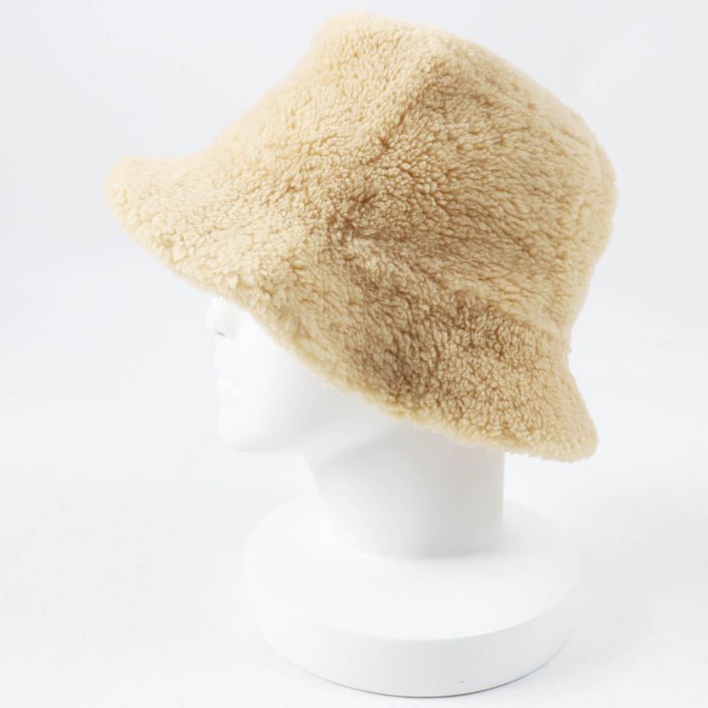 Hermes Fauve Mouton Bucket Hat/hat With Leather Patch Beige 57 Made In France