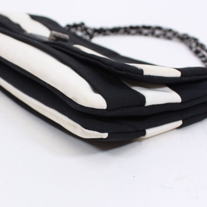 Chanel Chain Shoulder Bag Nylon Black And White Shoulder Bag Silver