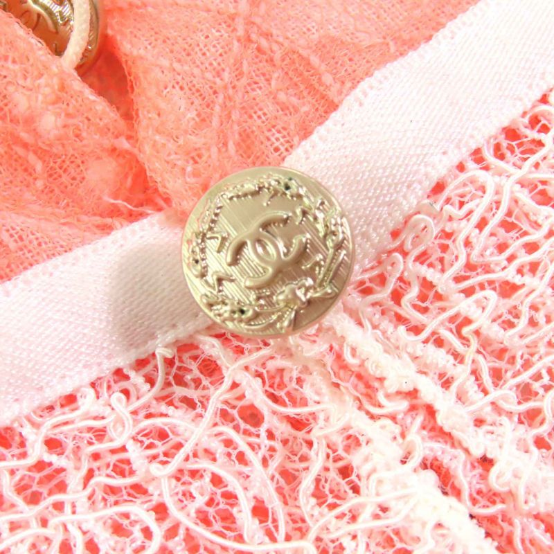 CHANEL P38256 Coco Mark Button Ribbon Belt Full Lace Cardigan Bolero Salmon