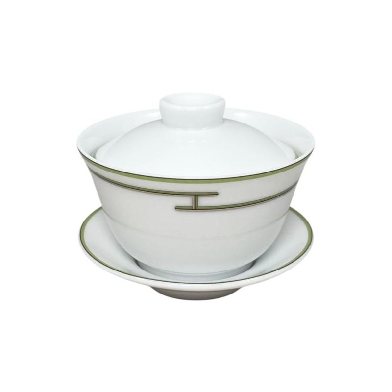Hermes Teacup Rhythm Asian Teacup and Saucer with Lid H Logo Green White Hermes