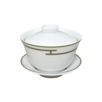 Hermes Teacup Rhythm Asian Teacup and Saucer with Lid H Logo Green White Hermes
