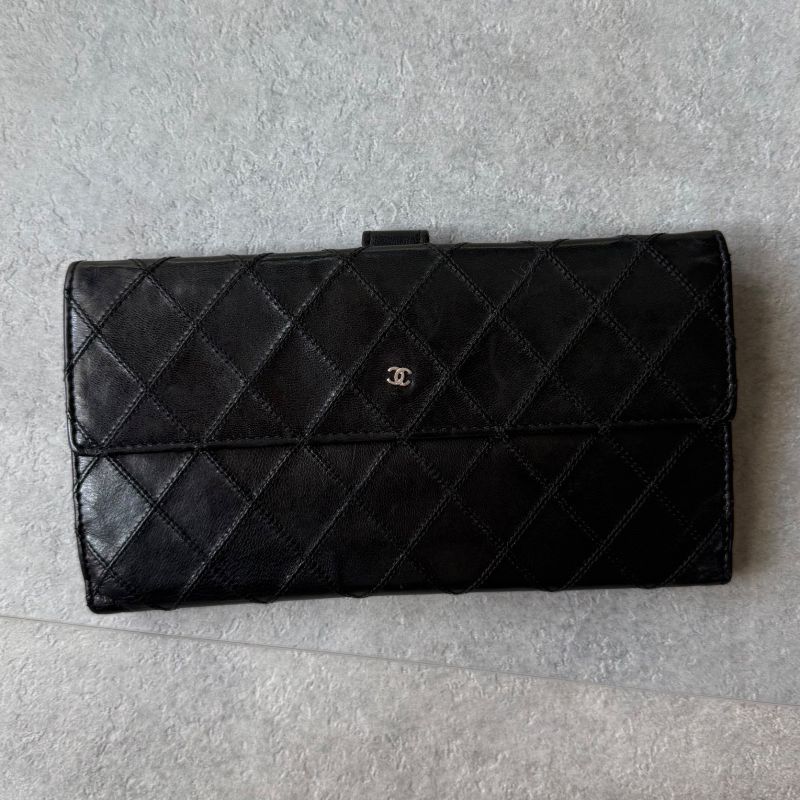 Chanel Bicolore Coco Mark Bifold Long Wallet W Hook Leather Quilted Black Long