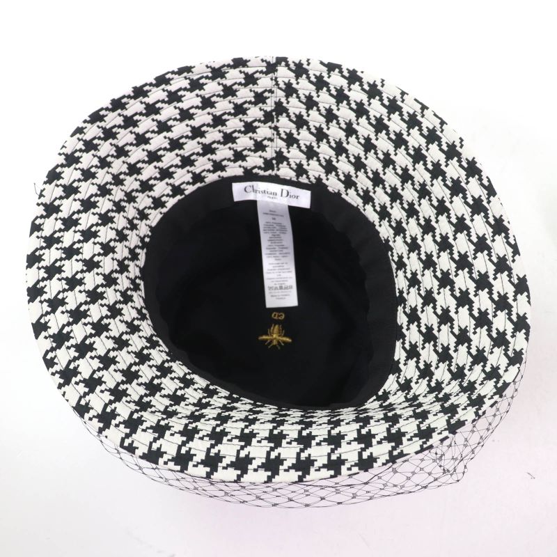 Christian DIOR 04mon924g153 Staggered Houndstooth Hat With Tulle Black White 58