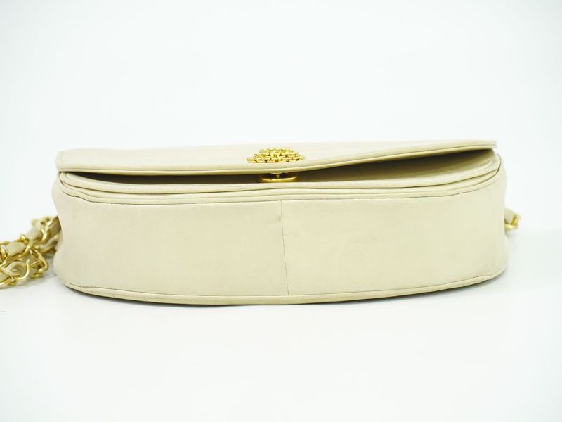 Authentic Chanel Coco Mark Chain Shoulder Bag Pochette Lambskin Leather Beige