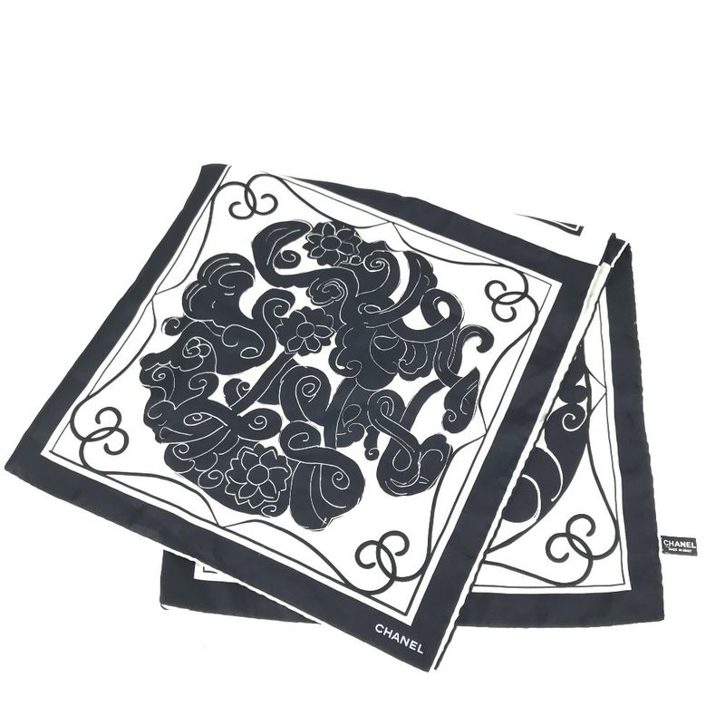 Chanel Scarf Logo Camellia Silk Black