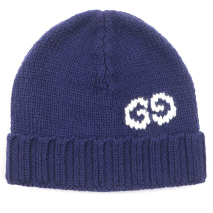 Gucci 602886 GG LOGO KNIT Baenie 100% Wool Hat Knit Cap Navy M (58 22cm