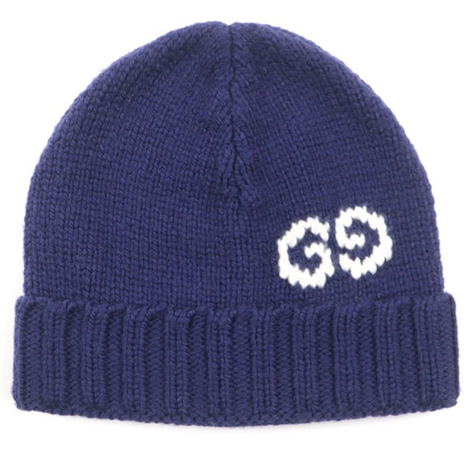 Gucci 602886 GG LOGO KNIT Baenie 100% Wool Hat Knit Cap Navy M (58 22cm