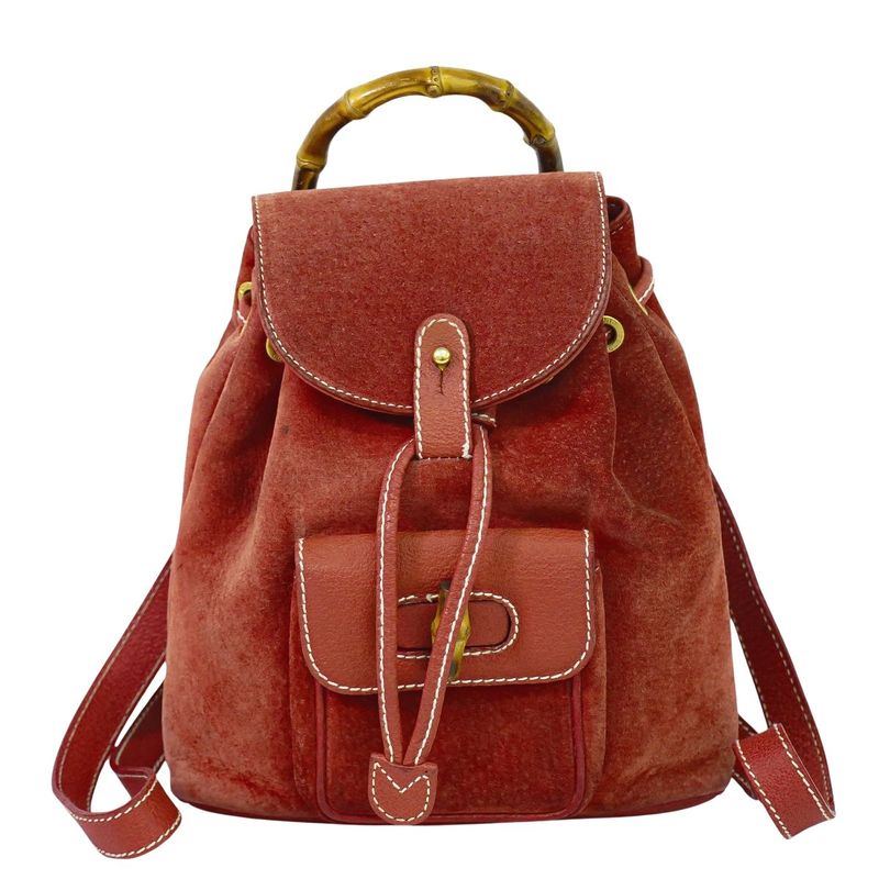 Authentic Gucci Bamboo Backpack Sac Backpack Suede Leather Red Bamboo Bag