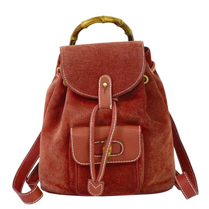 Authentic Gucci Bamboo Backpack Sac Backpack Suede Leather Red Bamboo Bag
