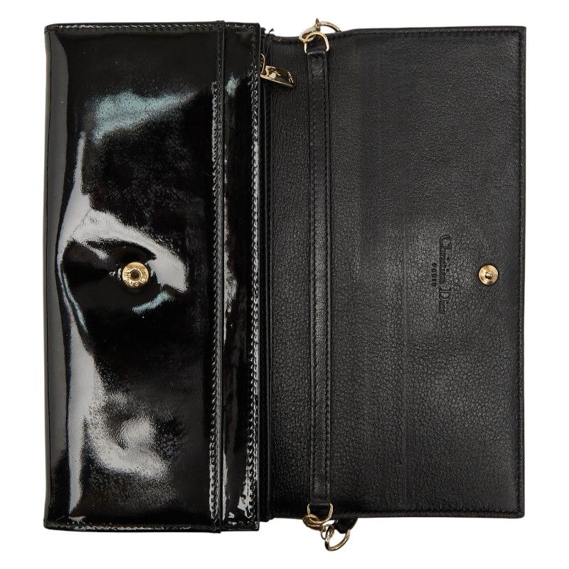 Dior Logo Chain Wallet Long Wallet Handbag Black Gold Patent Leather Women Dior
