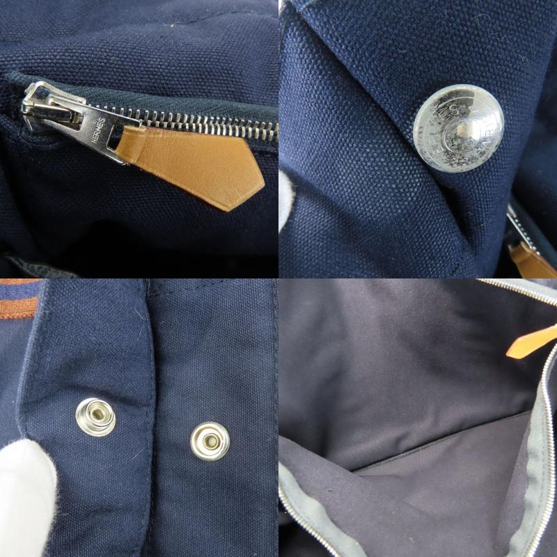 Hermes Tote Bag Fourre Tout MM Cotton Canvas Navy Brown Business Stylish Ladies