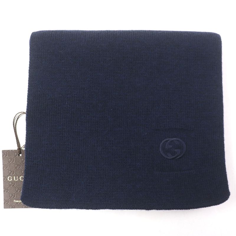 Gucci 550601 Interlocking G Embroidered 100% Wool Knit Scarf Navy Made
