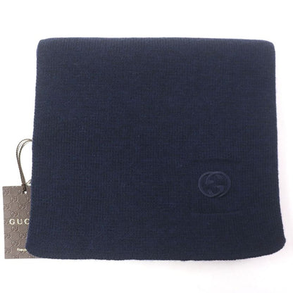 Gucci 550601 Interlocking G Embroidered 100% Wool Knit Scarf Navy Made