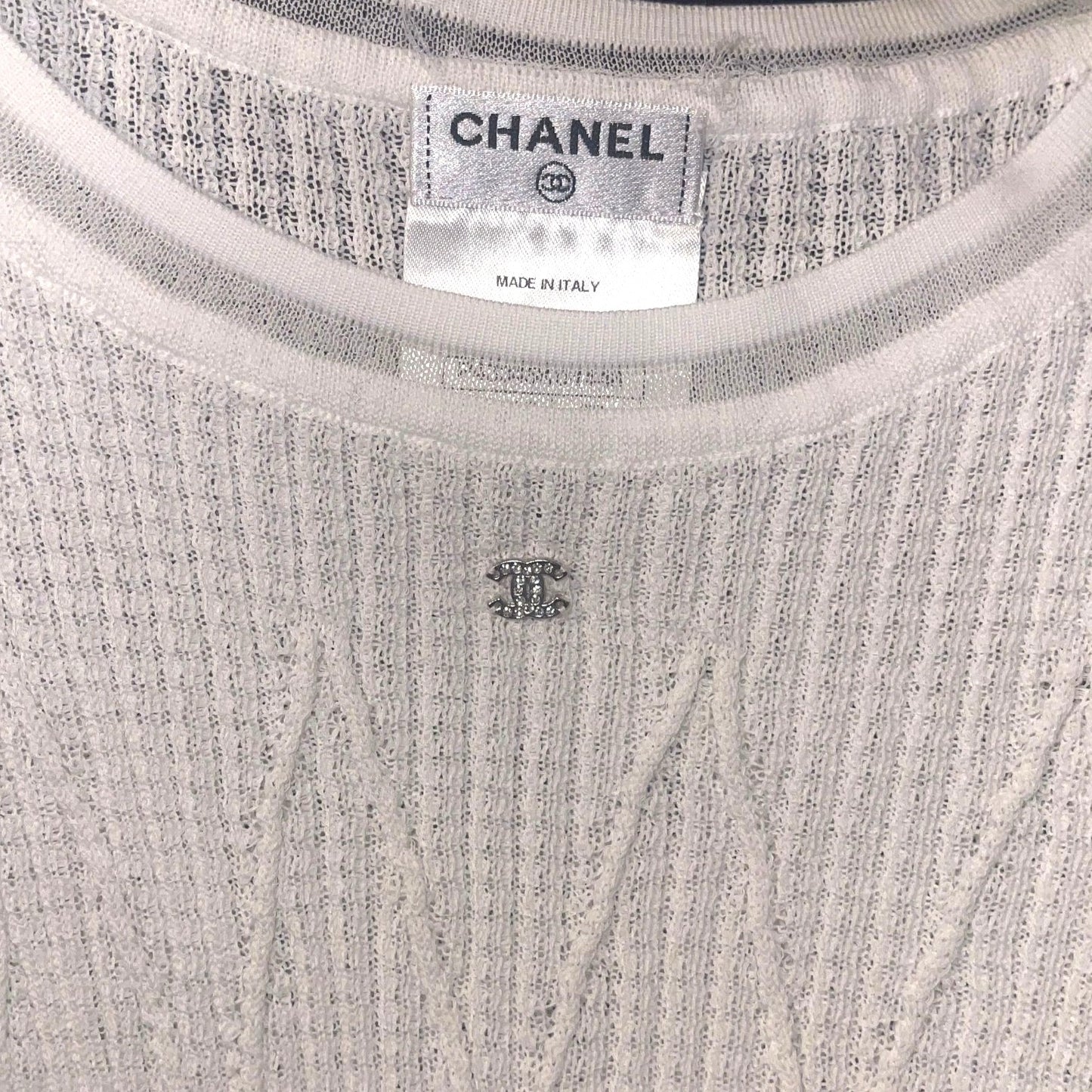 CHANEL CC Logo Rhinestone Rib Knit Short Sleeve Top Blouse Cotton White 38