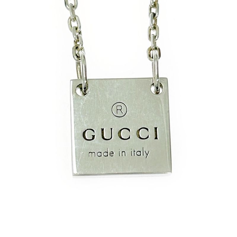Gucci Silver Logo Square Plate Necklace 5.9g 925 Engraved 353098 Necklace