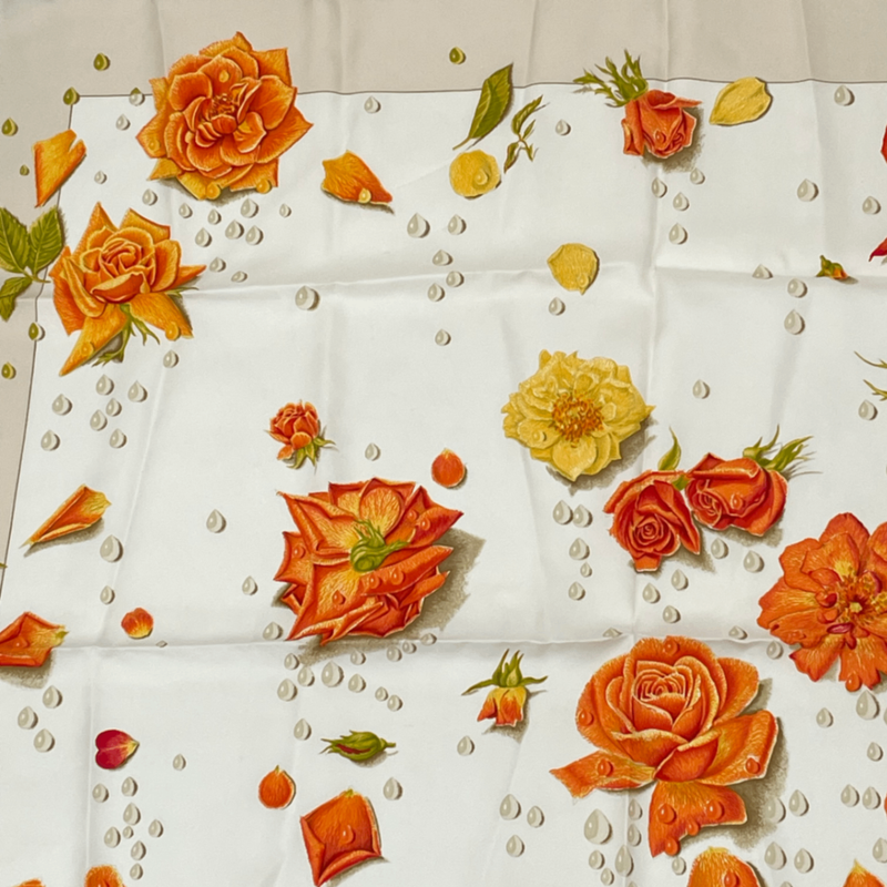 Hermes Carre 90 LA Rosee Anne Gavarni Rose Drop Scarf Silk Beige