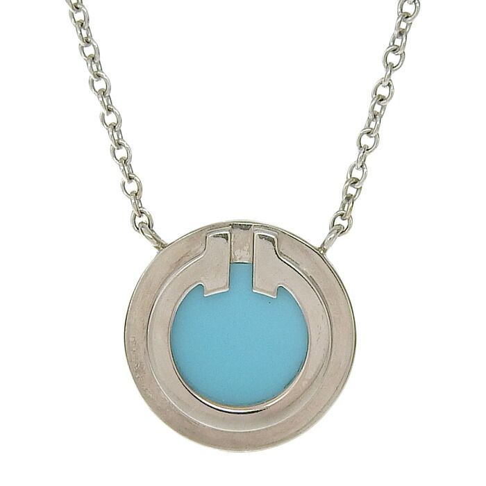Tiffany & Co T TWO Circle Turquoise Necklace 18K White Gold 750 White Gold