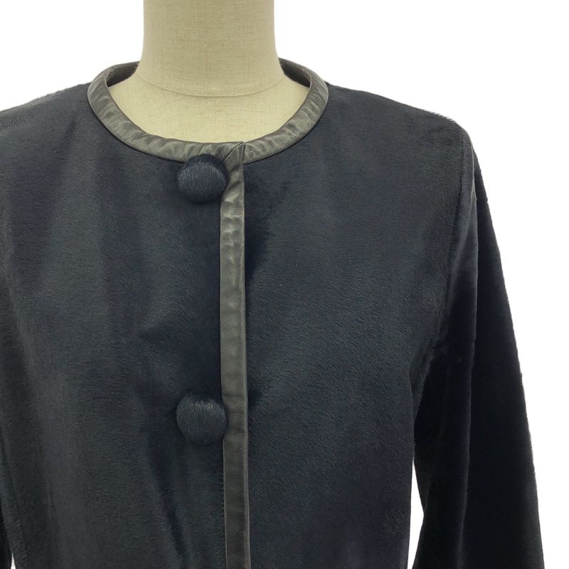 Prada - Leather Paneled Fur Collarless Long Coat - Fully Lined - 40 - Dark Navy